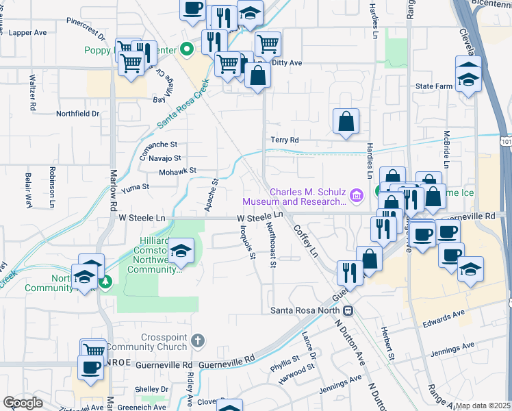 map of restaurants, bars, coffee shops, grocery stores, and more near 2161 West Steele Lane in Santa Rosa