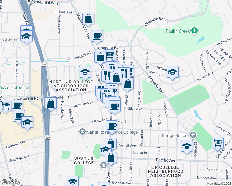 map of restaurants, bars, coffee shops, grocery stores, and more near 2050 Mendocino Avenue in Santa Rosa