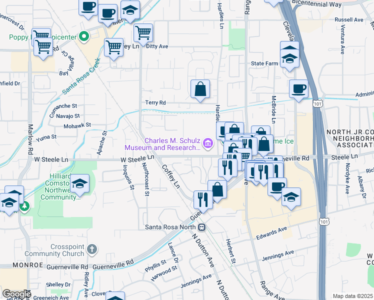 map of restaurants, bars, coffee shops, grocery stores, and more near in Santa Rosa