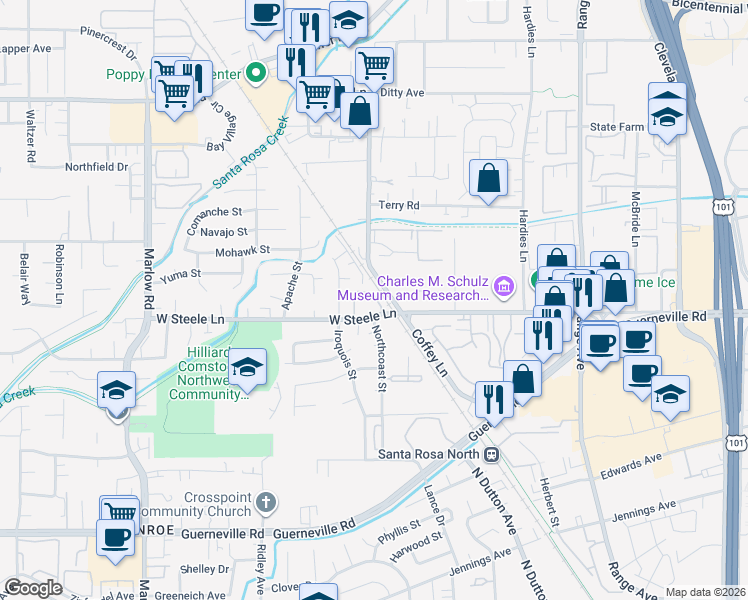 map of restaurants, bars, coffee shops, grocery stores, and more near 2161 West Steele Lane in Santa Rosa