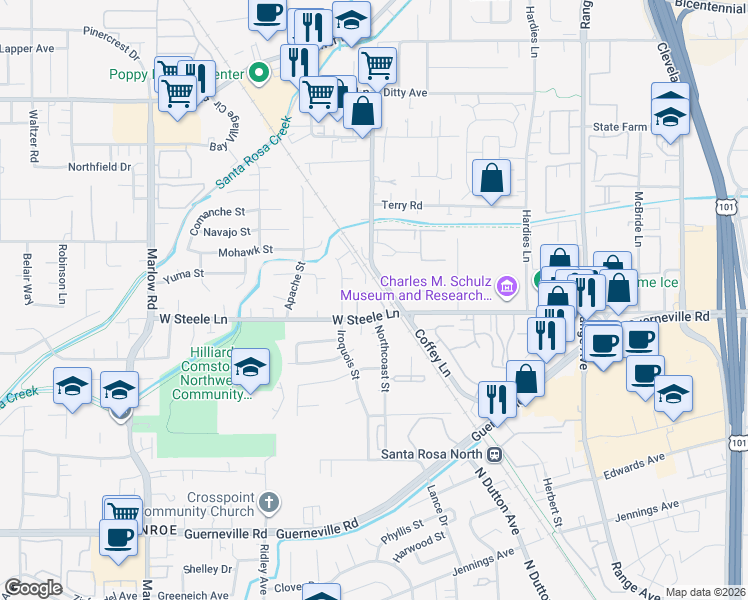 map of restaurants, bars, coffee shops, grocery stores, and more near 2161 West Steele Lane in Santa Rosa