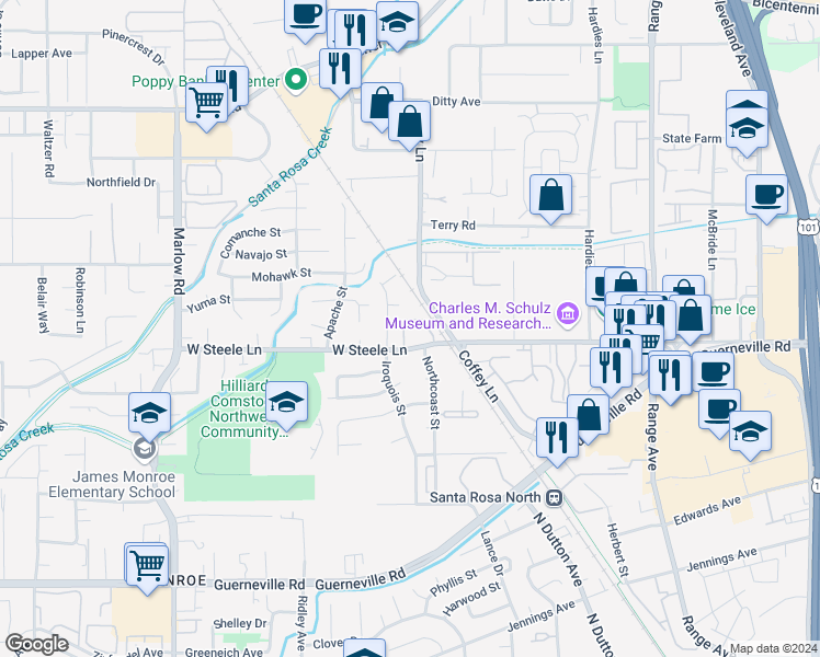 map of restaurants, bars, coffee shops, grocery stores, and more near 2161 West Steele Lane in Santa Rosa