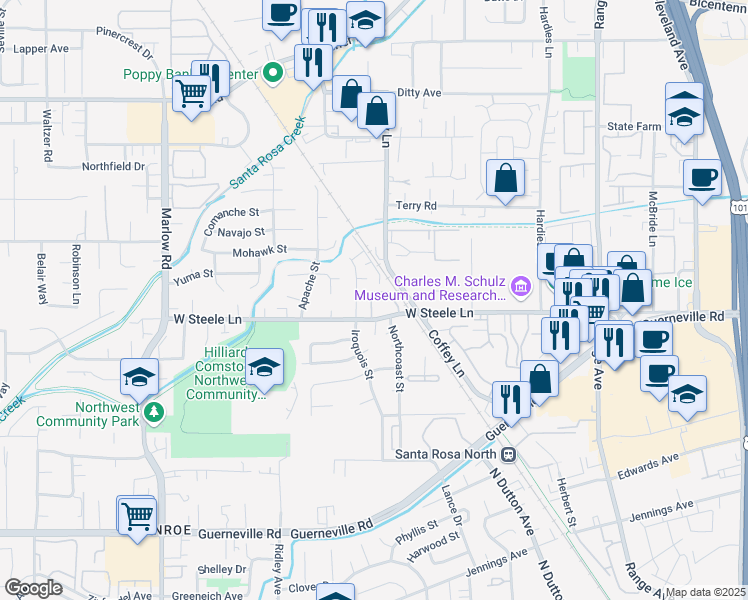 map of restaurants, bars, coffee shops, grocery stores, and more near 2161 West Steele Lane in Santa Rosa