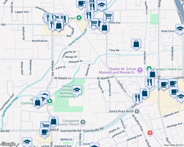 map of restaurants, bars, coffee shops, grocery stores, and more near 2655 West Steele Lane in Santa Rosa