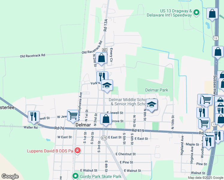 map of restaurants, bars, coffee shops, grocery stores, and more near 36748 Saint George Road in Delmar