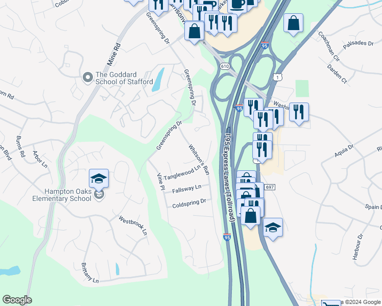 map of restaurants, bars, coffee shops, grocery stores, and more near 113 Whitson's Run in Stafford