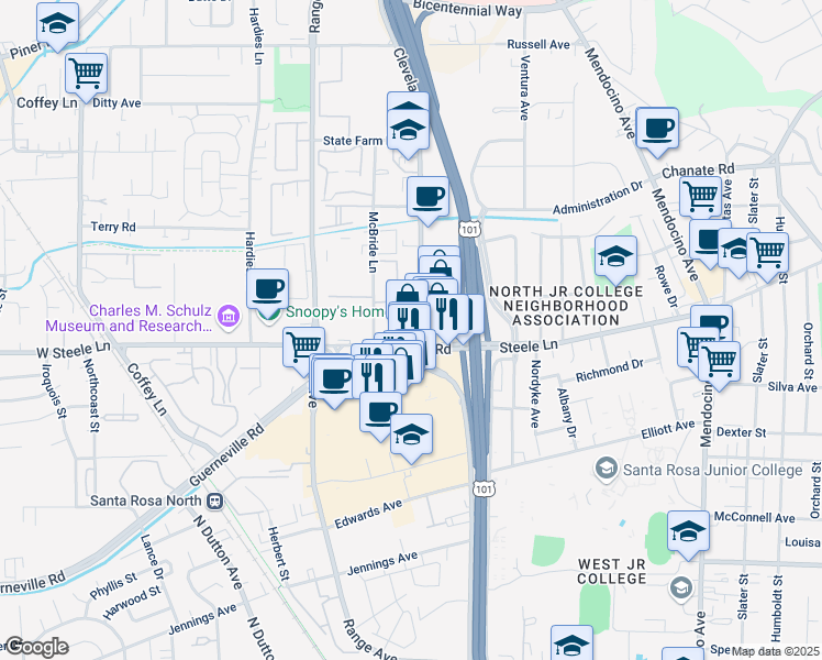map of restaurants, bars, coffee shops, grocery stores, and more near 2225 Cleveland Avenue in Santa Rosa