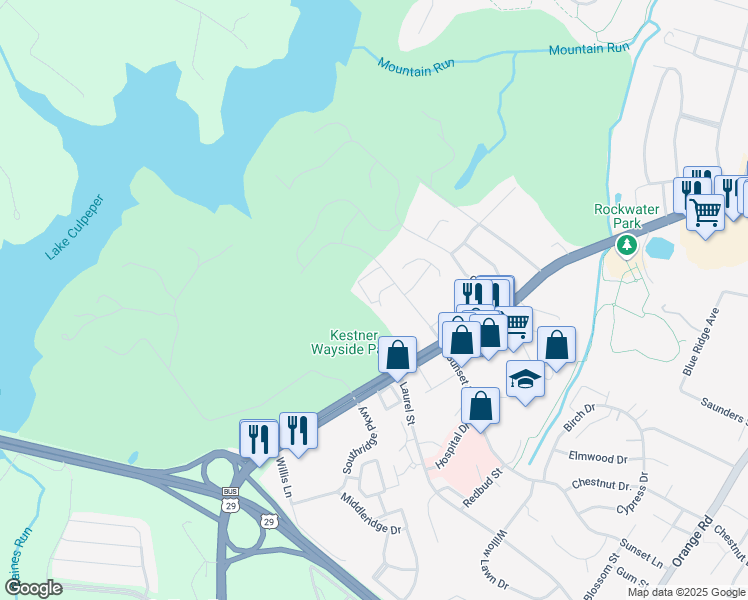 map of restaurants, bars, coffee shops, grocery stores, and more near 1801 Berry Ridge Drive in Culpeper