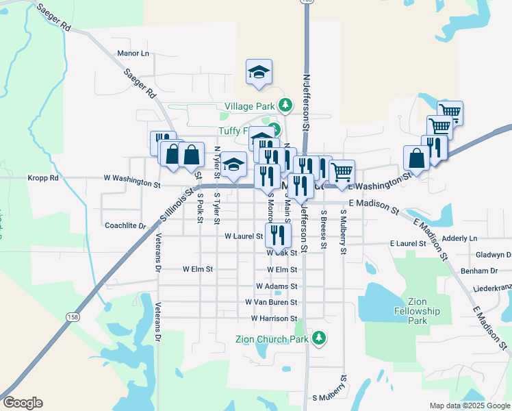 map of restaurants, bars, coffee shops, grocery stores, and more near 222 West Madison Street in Millstadt