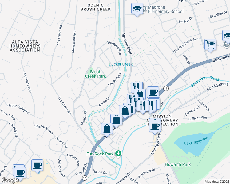 map of restaurants, bars, coffee shops, grocery stores, and more near 519 Mission Boulevard in Santa Rosa