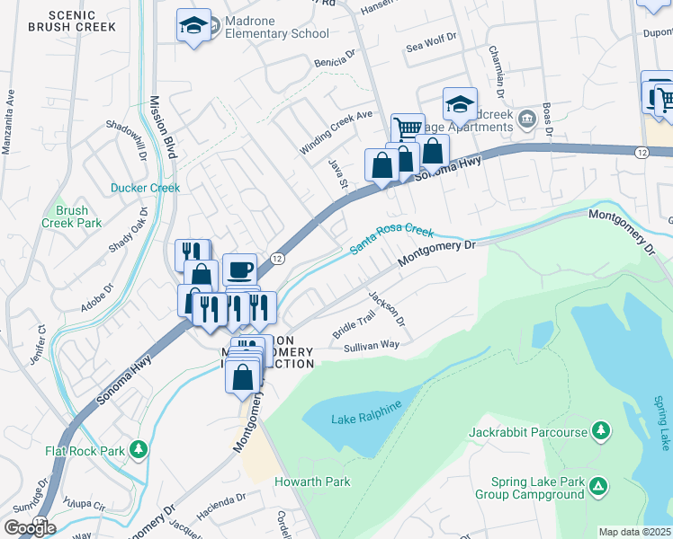 map of restaurants, bars, coffee shops, grocery stores, and more near 1 Greengate Court in Santa Rosa