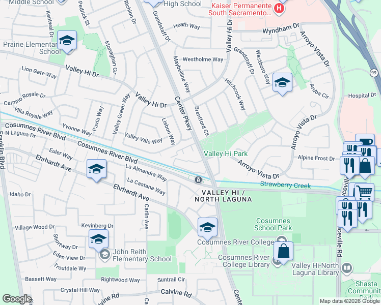 map of restaurants, bars, coffee shops, grocery stores, and more near 8180 Center Parkway in Sacramento