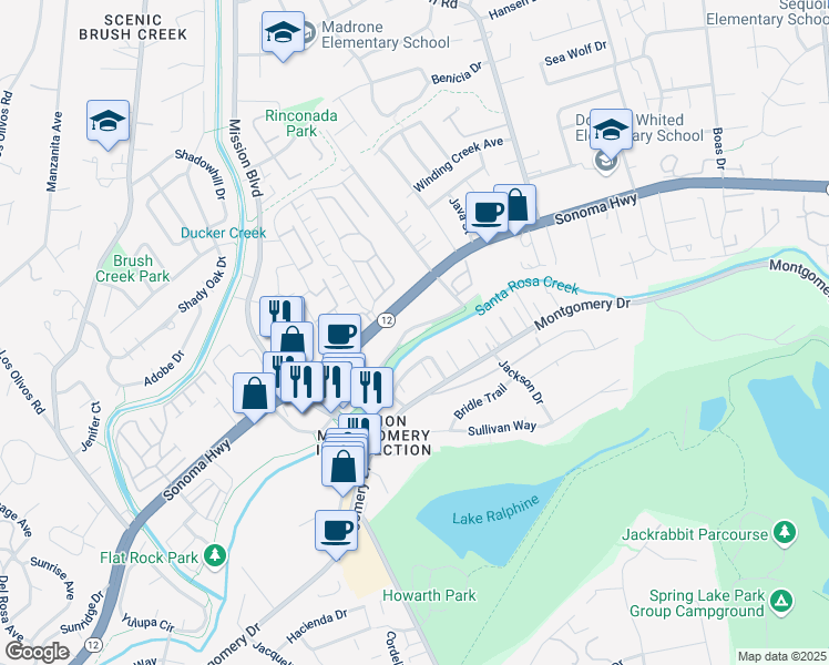 map of restaurants, bars, coffee shops, grocery stores, and more near 5 Kashmir Drive in Santa Rosa