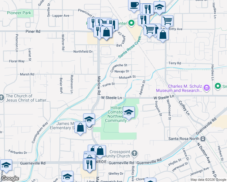 map of restaurants, bars, coffee shops, grocery stores, and more near 2975 West Steele Lane in Santa Rosa