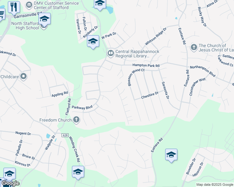 map of restaurants, bars, coffee shops, grocery stores, and more near 2 Lakeside Drive in Stafford