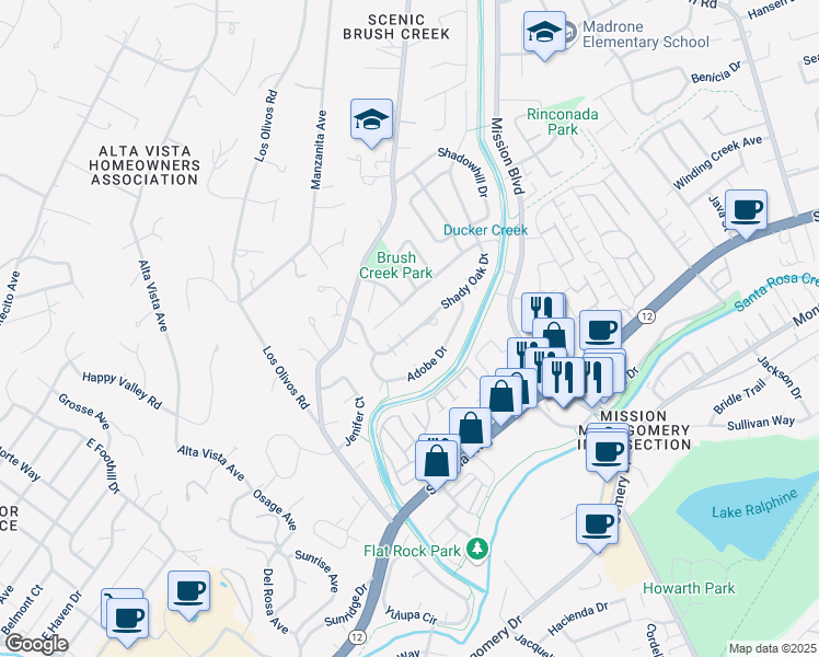 map of restaurants, bars, coffee shops, grocery stores, and more near 825 Shady Oak Drive in Santa Rosa