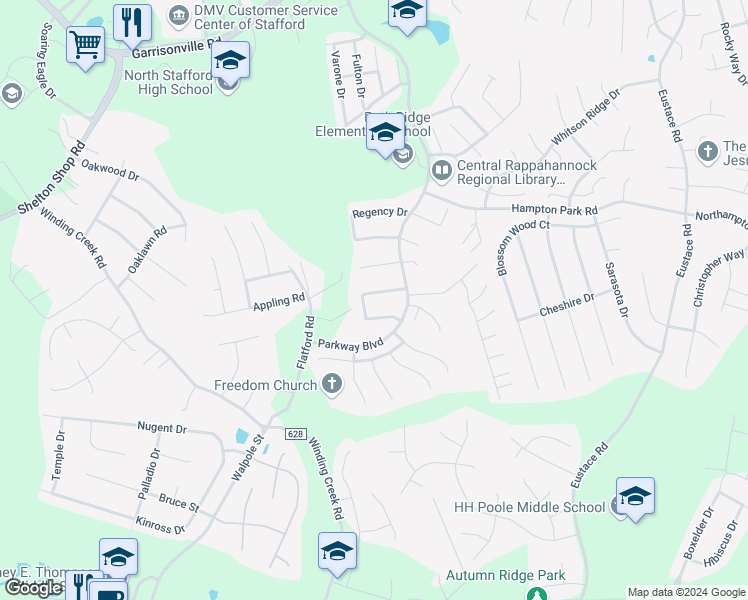 map of restaurants, bars, coffee shops, grocery stores, and more near 17 Catherine Lane in Stafford