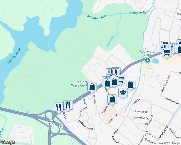 map of restaurants, bars, coffee shops, grocery stores, and more near 1701 Sunset Lane in Culpeper
