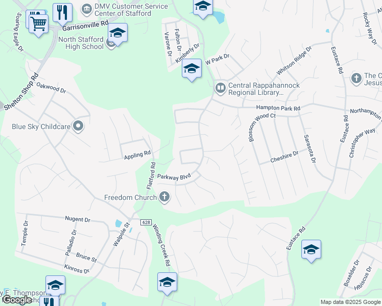 map of restaurants, bars, coffee shops, grocery stores, and more near 11 Catherine Lane in Stafford