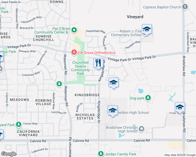 map of restaurants, bars, coffee shops, grocery stores, and more near 8205 Kingsbridge Drive in Sacramento