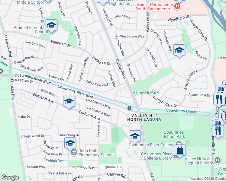 map of restaurants, bars, coffee shops, grocery stores, and more near 5970 Hollyhurst Way in Sacramento