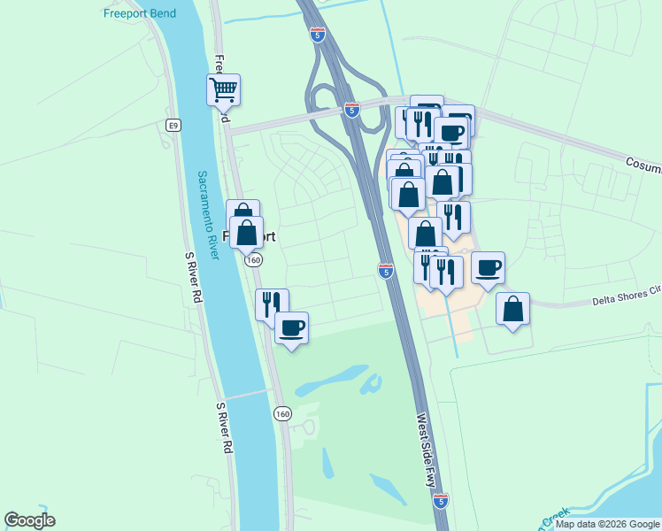 map of restaurants, bars, coffee shops, grocery stores, and more near 8201 Freeport Boulevard in Sacramento