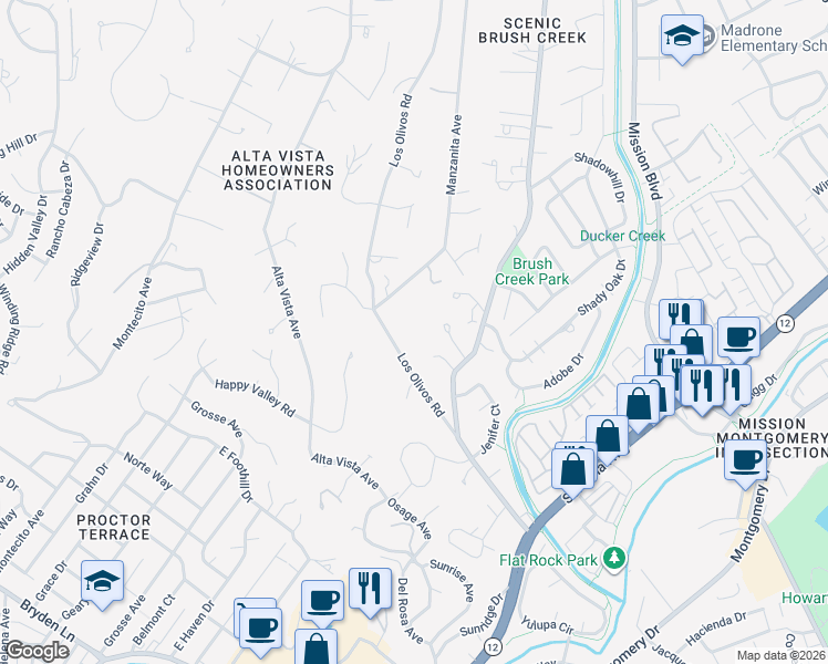 map of restaurants, bars, coffee shops, grocery stores, and more near 735 Brush Creek Road in Santa Rosa