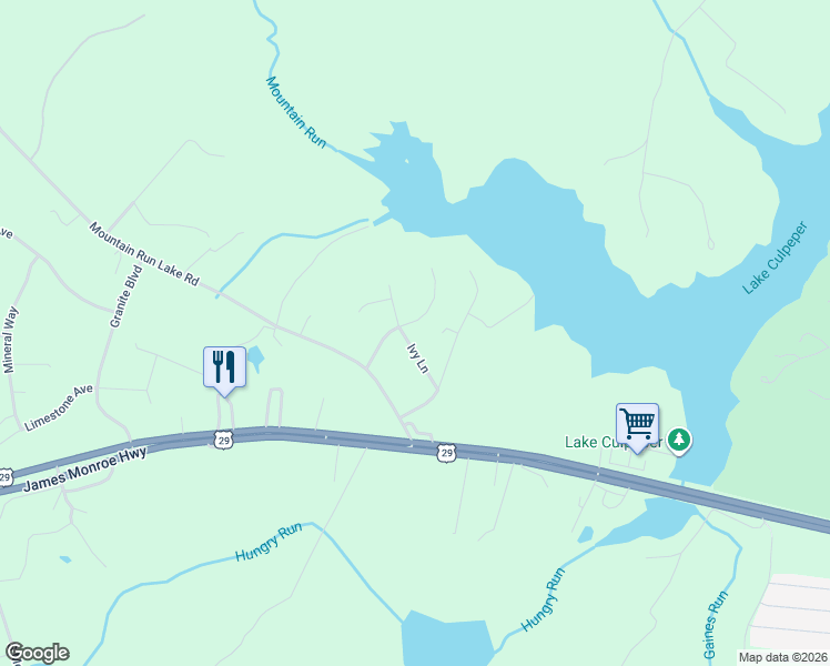 map of restaurants, bars, coffee shops, grocery stores, and more near 17421 Ivy Lane in Culpeper
