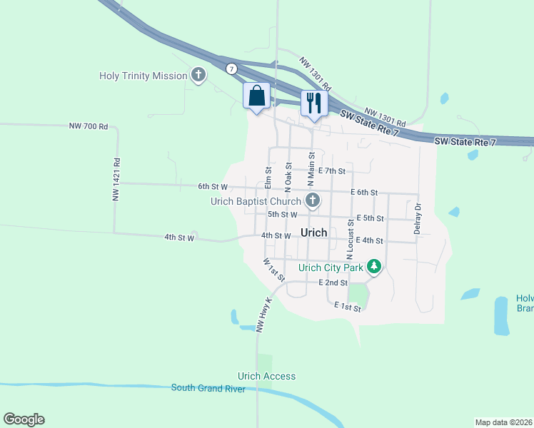 map of restaurants, bars, coffee shops, grocery stores, and more near 500 Elm Street in Urich