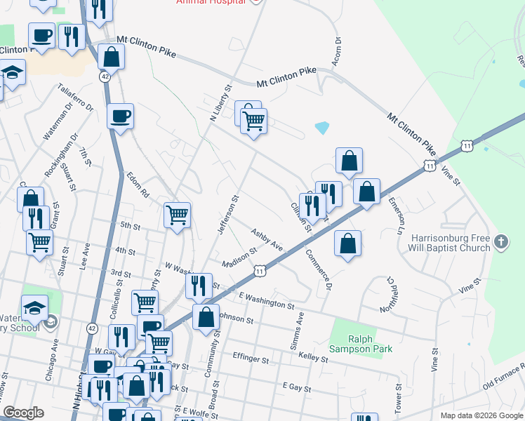 map of restaurants, bars, coffee shops, grocery stores, and more near 140 Ashby Avenue in Harrisonburg