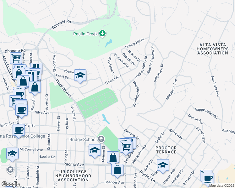 map of restaurants, bars, coffee shops, grocery stores, and more near 2041 Hidden Valley Drive in Santa Rosa