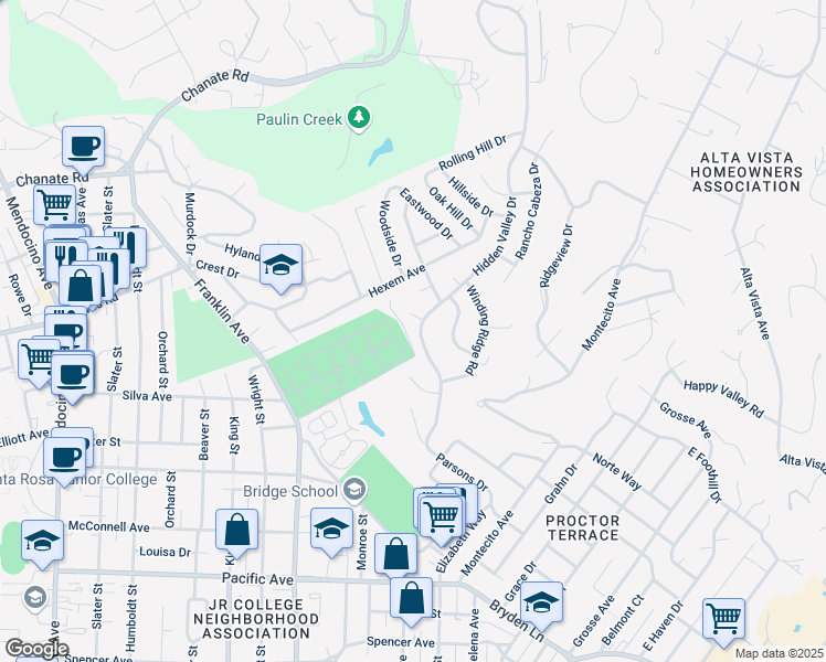 map of restaurants, bars, coffee shops, grocery stores, and more near 2041 Hidden Valley Drive in Santa Rosa
