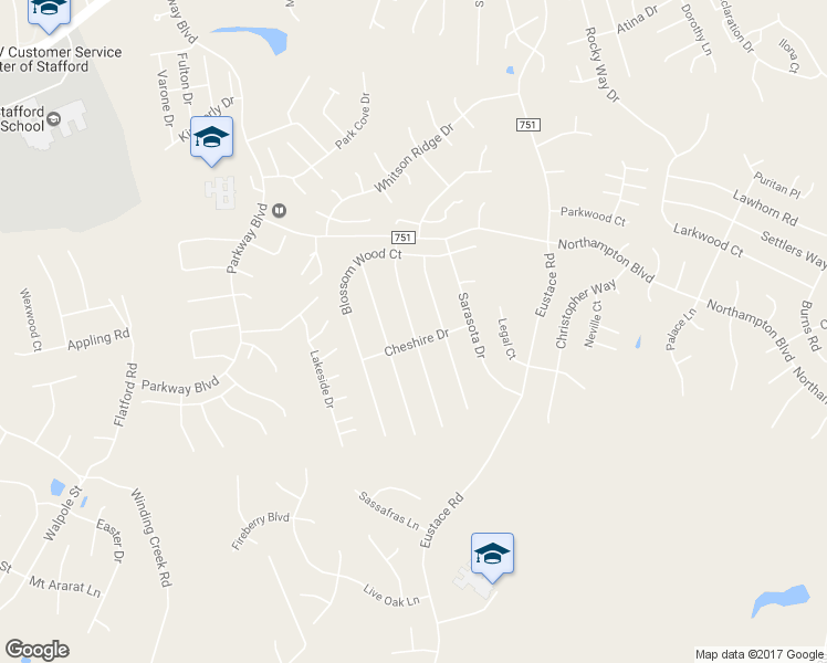 map of restaurants, bars, coffee shops, grocery stores, and more near 23 Savannah Court in Stafford
