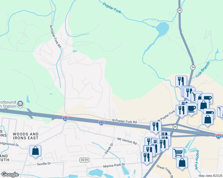 map of restaurants, bars, coffee shops, grocery stores, and more near 201 North Poplar Fork Road in Hurricane
