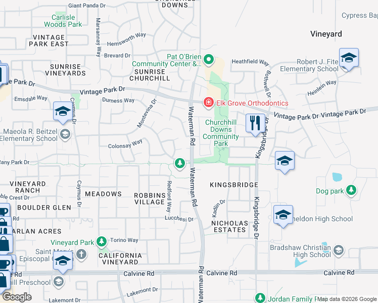 map of restaurants, bars, coffee shops, grocery stores, and more near in Vineyard