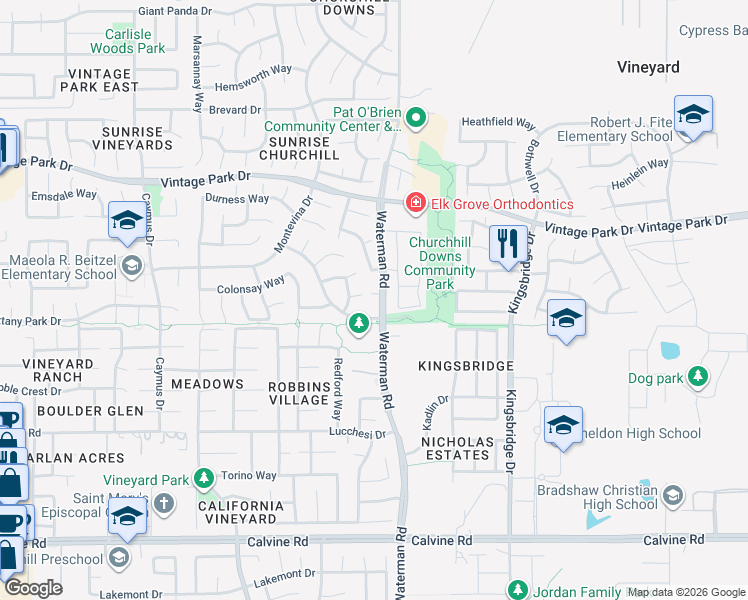 map of restaurants, bars, coffee shops, grocery stores, and more near in Vineyard