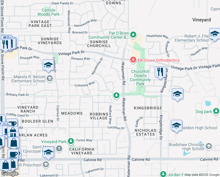 map of restaurants, bars, coffee shops, grocery stores, and more near 8203 Gardenside Court in Sacramento