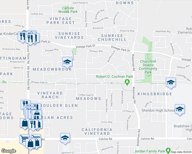 map of restaurants, bars, coffee shops, grocery stores, and more near 8185 Duncansby Court in Sacramento