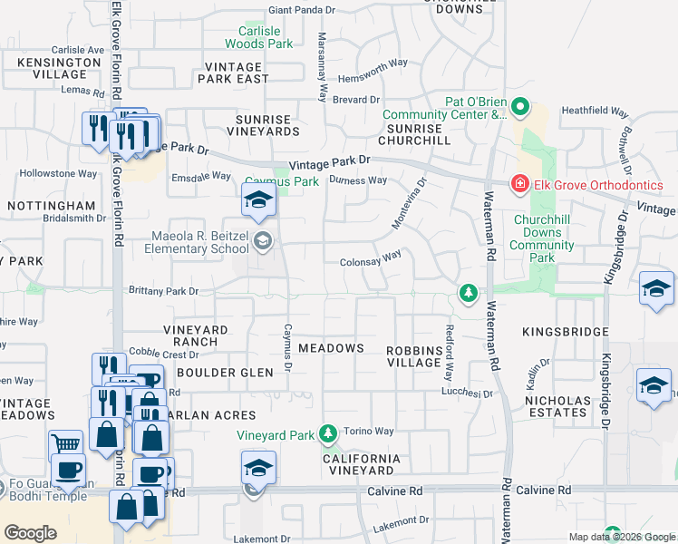 map of restaurants, bars, coffee shops, grocery stores, and more near 8192 Kirkwall Court in Sacramento
