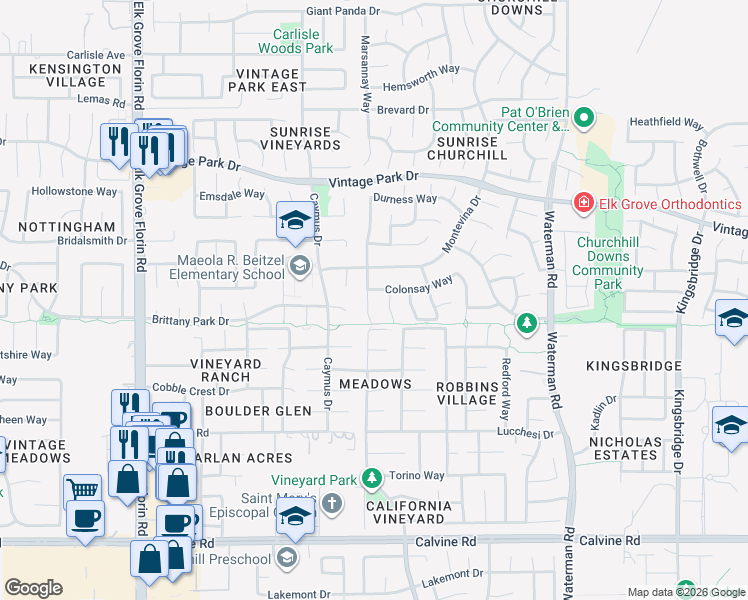 map of restaurants, bars, coffee shops, grocery stores, and more near 8192 Kirkwall Court in Sacramento