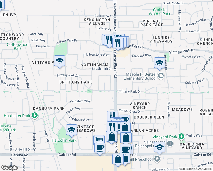 map of restaurants, bars, coffee shops, grocery stores, and more near 8198 Darien Circle in Sacramento