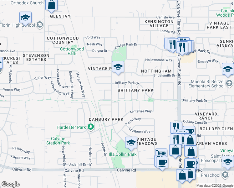 map of restaurants, bars, coffee shops, grocery stores, and more near 8221 Bedford Cove Way in Sacramento
