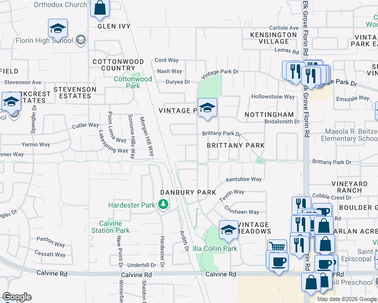 map of restaurants, bars, coffee shops, grocery stores, and more near 8158 Montreux Way in Sacramento