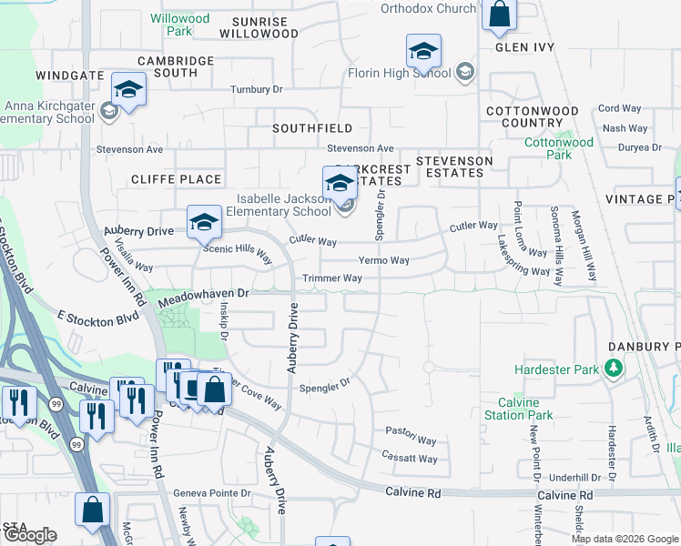 map of restaurants, bars, coffee shops, grocery stores, and more near 8329 Alpinmead Circle in Sacramento