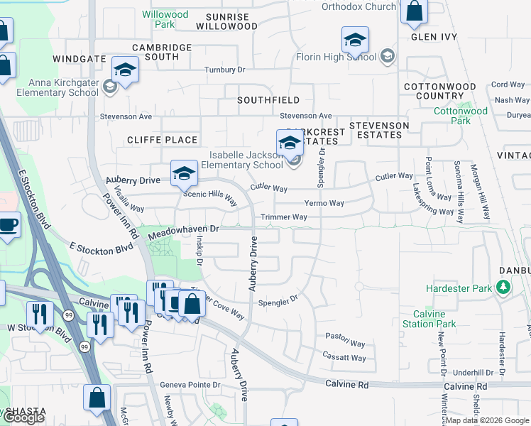 map of restaurants, bars, coffee shops, grocery stores, and more near 8316 Triad Circle in Sacramento