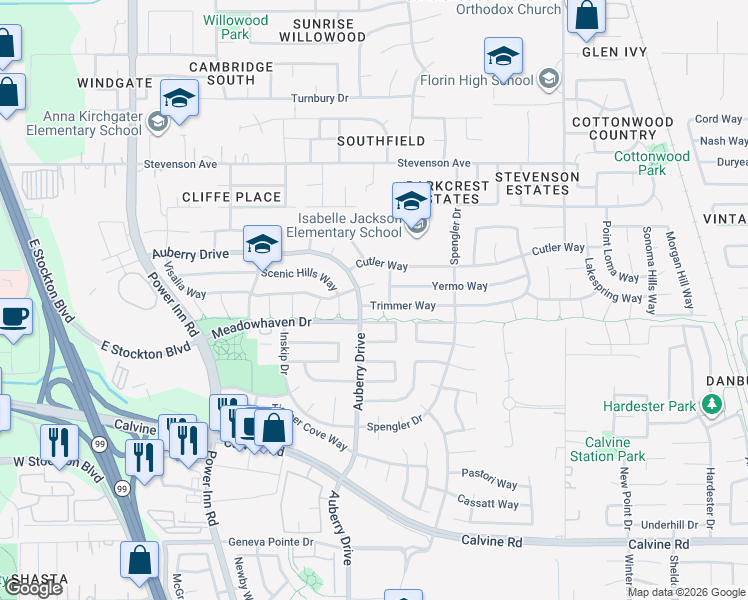 map of restaurants, bars, coffee shops, grocery stores, and more near 8316 Triad Cir in Sacramento