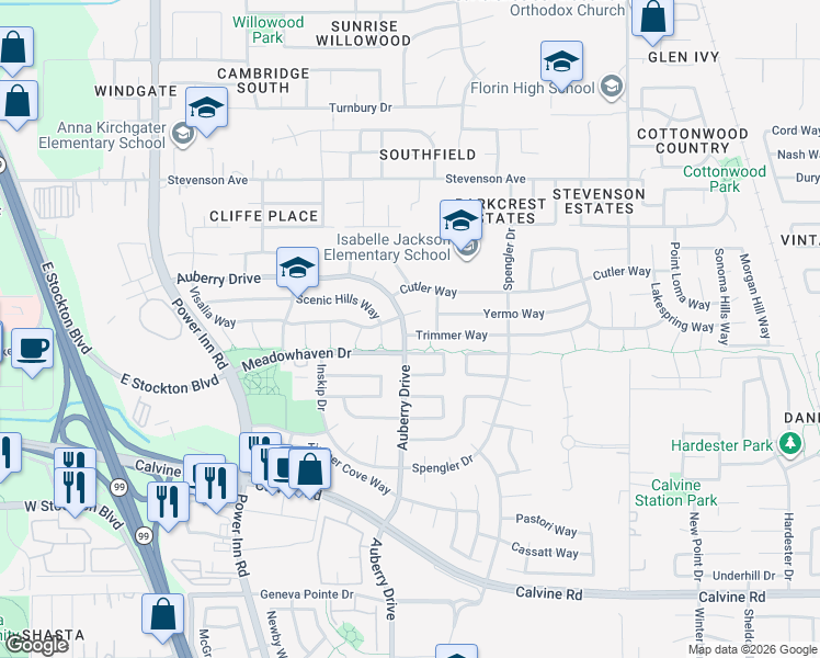 map of restaurants, bars, coffee shops, grocery stores, and more near 8300 Meadowhaven Drive in Sacramento