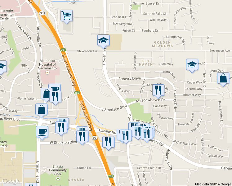 map of restaurants, bars, coffee shops, grocery stores, and more near 8299 East Stockton Boulevard in Sacramento