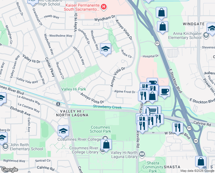 map of restaurants, bars, coffee shops, grocery stores, and more near 8268 Arroyo Vista Drive in Sacramento