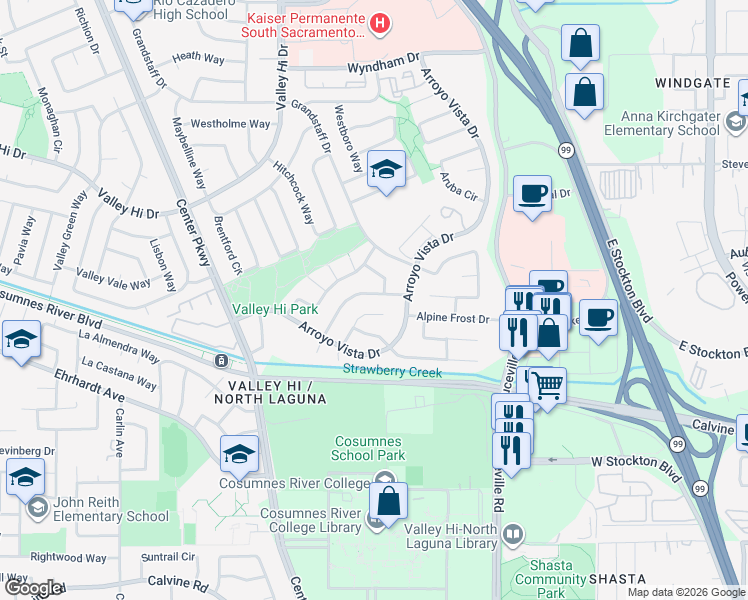 map of restaurants, bars, coffee shops, grocery stores, and more near 8267 Sunny Creek Way in Sacramento